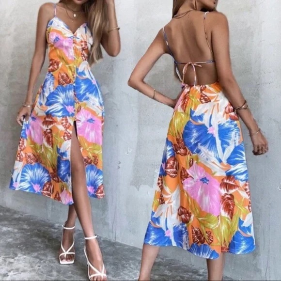 ZARA Tropical Floral Print midi backless Dress size XS - Picture 1 of 7